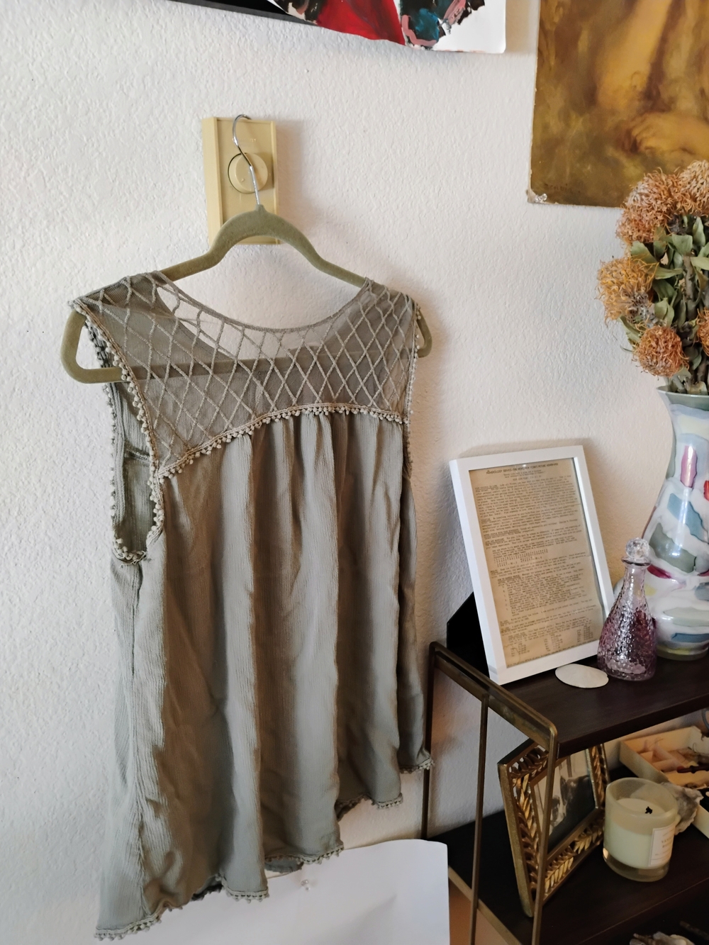 Knox Rose Macrame Mesh Lace Tank Top Sage Olive Green Rayon Blouse Size XL